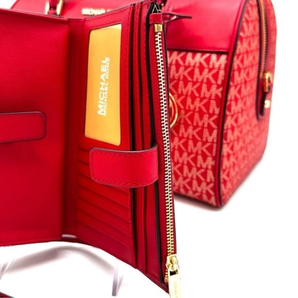 Michael Kors Medium Duffle Satchel Crossbody Bag & Large Double Zip Wallet Red - Picture 14 of 15